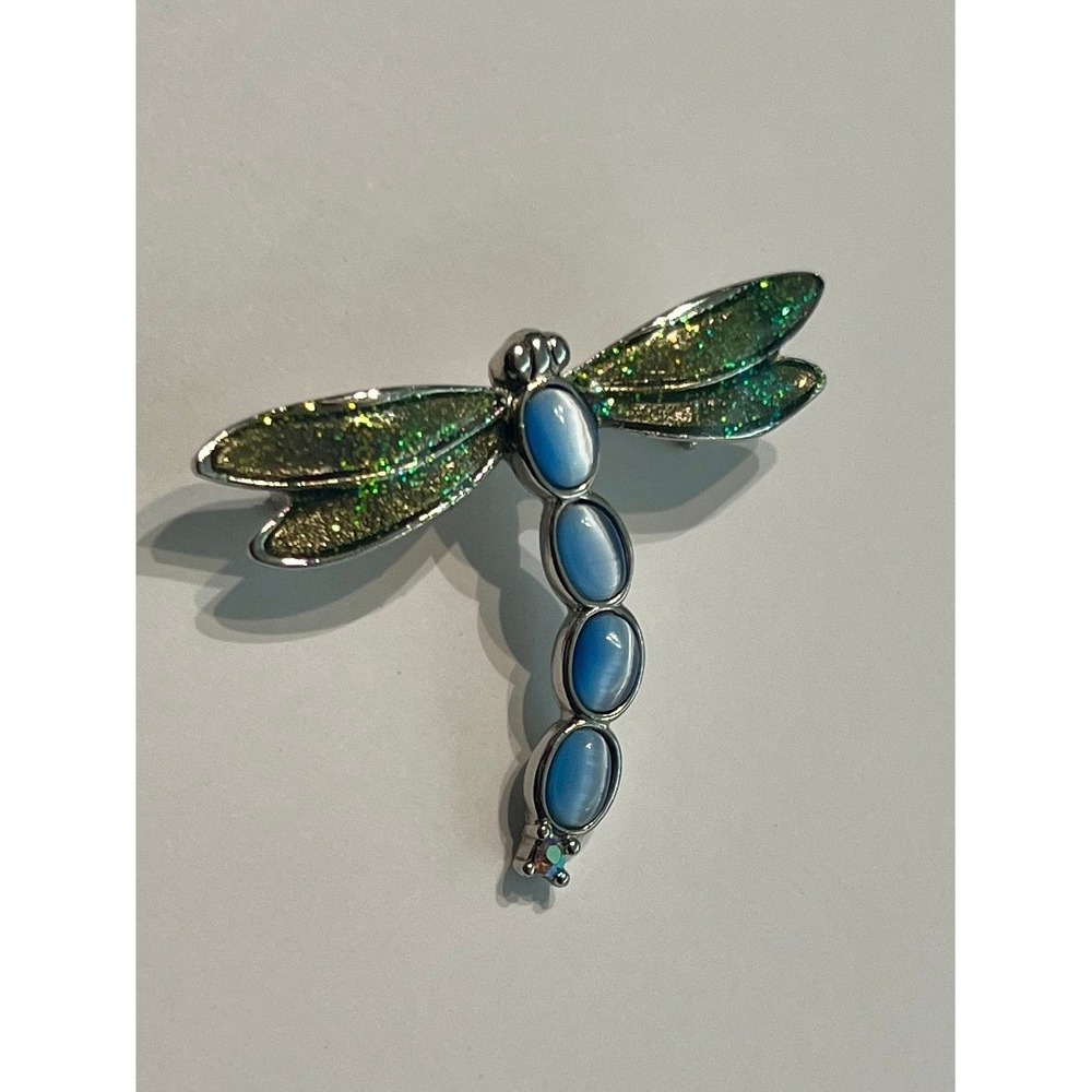 Unbranded Dragonfly Brooch Women OS Blue Excellent Cat Eye Glass Green Glitter